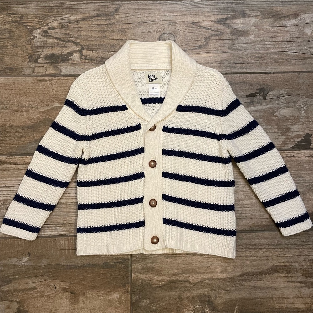 BNWOT Cream and Navy Blue Striped Button Down Cardigan Sweater